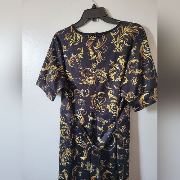 Formal Elegant Midi Dress Church Gold Black Half Sleeve Waist Tie Modest 2XL - Picture 8 of 10